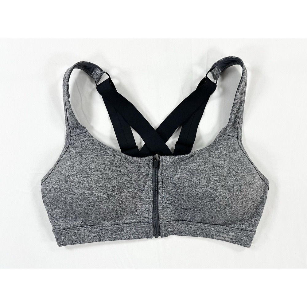 BCG Gray Strappy Criss Cross Racerback High Support Front Zip Sports Bra Small